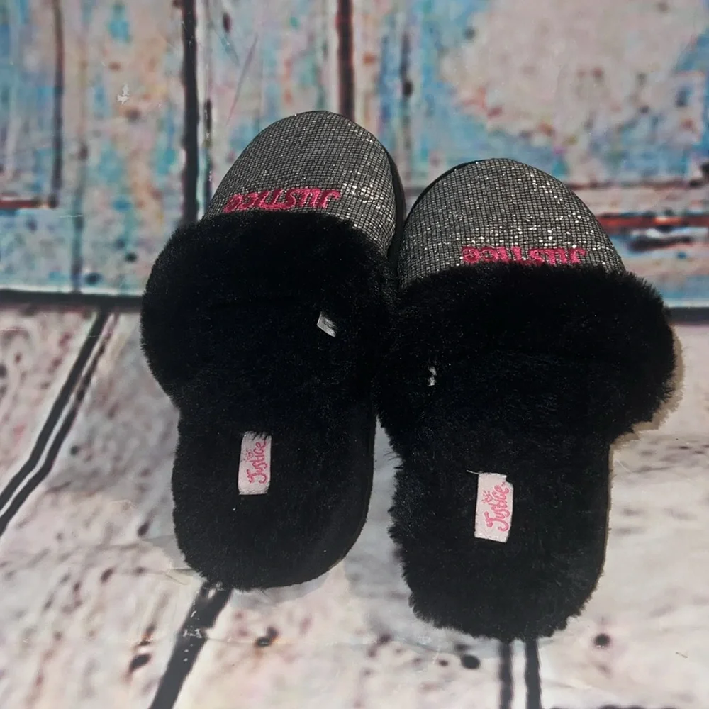 Justice Kids Black & Silver Sparkle Slip-On Slippers